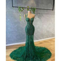 Bling Bling Green Mermaid Evening Dress Sequins One Shoulder Feather Prom Gowns Custom Made Sweep Train vestido de novia