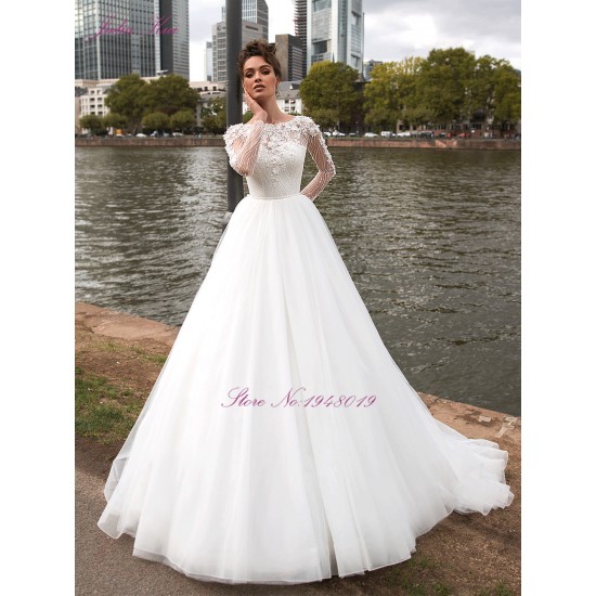 Julia Kui Vestidos de Novia Vintage Princess A Line Wedding Dress High Quality Beaded Pearls Crystals Long Sleeve Bride Dress Julia Kui Vestidos de Novia Vintage Princess A Line Wedding Dress High Quality Beaded Pearls Crystals Long Sleeve Bride Dress