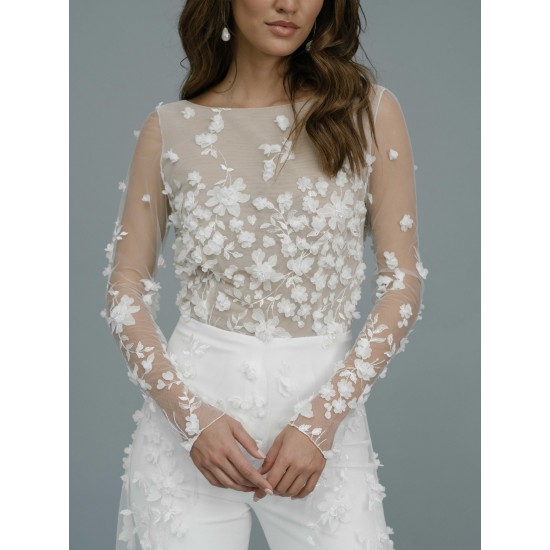 Romantic Wedding Jumpsuit with Long Train 3D Floral Appliques Lace Long Sleeves Outfit Reception Gowns Bridal Pant Suit Romantic Wedding Jumpsuit with Long Train 3D Floral Appliques Lace Long Sleeves Outfit Reception Gowns Bridal Pant Suit