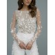 Romantic Wedding Jumpsuit with Long Train 3D Floral Appliques Lace Long Sleeves Outfit Reception Gowns Bridal Pant Suit Romantic Wedding Jumpsuit with Long Train 3D Floral Appliques Lace Long Sleeves Outfit Reception Gowns Bridal Pant Suit