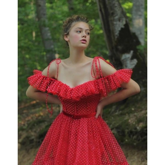 Evening Dresses With Dot Off The Shoulder A Line Simple Fairy Prom Dress Party Wear Custom Made Formal Gowns Robe De Soiree Evening Dresses With Dot Off The Shoulder A Line Simple Fairy Prom Dress Party Wear Custom Made Formal Gowns Robe De Soiree