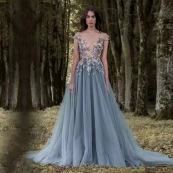 Paolo Sebastian Lace Prom Dresses Sheer Plunging Neckline Appliqued Party Gowns Cheap Sweep Train Tulle Beads Evening Gowns