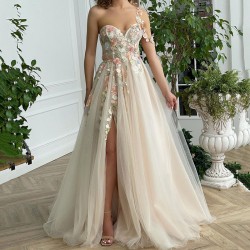 Champagne Fairy Boho Wedding Dress Colorful Lace Bride Dresses Vestidos de Noiva one Shoulder Princess Wedding Gowns Split