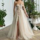 Champagne Fairy Boho Wedding Dress Colorful Lace Bride Dresses Vestidos de Noiva one Shoulder Princess Wedding Gowns Split Champagne Fairy Boho Wedding Dress Colorful Lace Bride Dresses Vestidos de Noiva one Shoulder Princess Wedding Gowns Split
