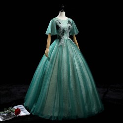 Green Quinceanera Dress 2021 Short Bat Sleeve Party Dress Luxury Lace Ball Gown Vintage Homecoming Dresses Vestidos