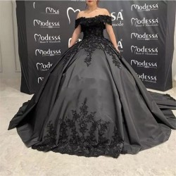 Gothic Black Wedding Dresses Ball Gown Off the Shoulder Short Sleeve Beading Lace Corset Back Vestidos de Novia Bridal Gowns