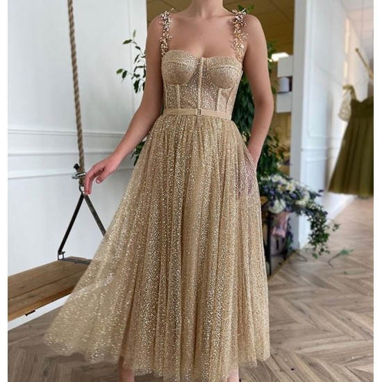 Glittery Gold Dotted Tulle Short Prom Dresses With Pockets Shiny Straps Boning A Line Tea Length Party Dress Glittery Gold Dotted Tulle Short Prom Dresses With Pockets Shiny Straps Boning A Line Tea Length Party Dress