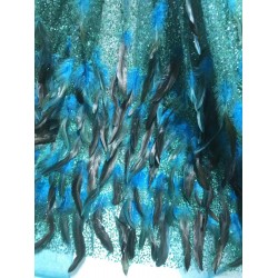 French net Lace with  glued gilliter with feather African Tulle embroidered Lace shining glued gilitter for nice dress