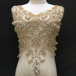 Gold Rhinestone bead applique, heavy bead handmade rhinestone applique for bridal sash, bridal headpiece, one piece