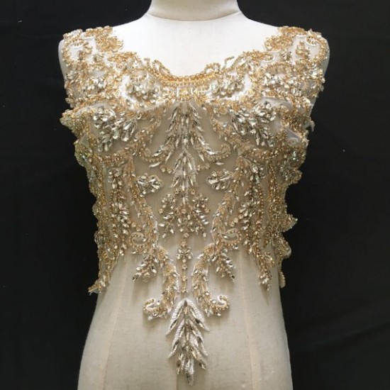 Gold Rhinestone bead applique, heavy bead handmade rhinestone applique for bridal sash, bridal headpiece, one piece Gold Rhinestone bead applique, heavy bead handmade rhinestone applique for bridal sash, bridal headpiece, one piece