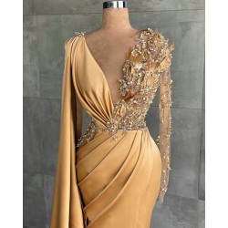 Gold Mermaid 2021 Prom Dress V Neck Lace Appliqued Long Sleeve Beaded Black Girl African Formal Evening Gowns