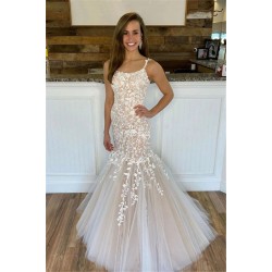 Lace Mermaid Prom Dresses Spaghetti Straps Corset Back Appliques Arabic Evening Runway Dresses Sweep Train Vestidos De Fiesta