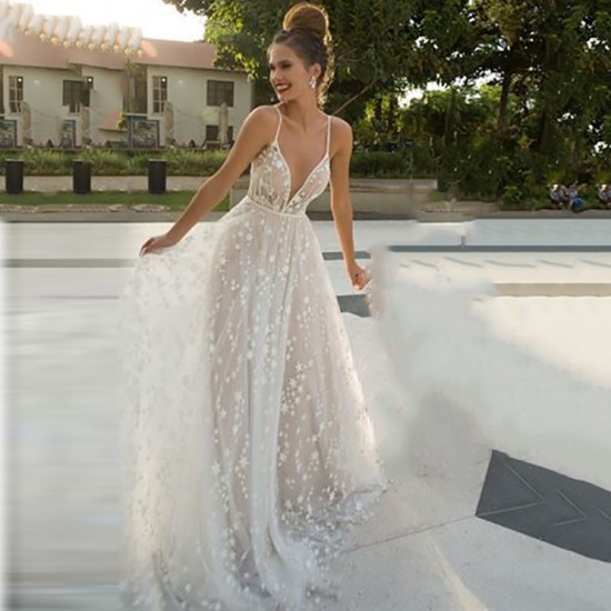 Lace Wedding Dress Princess V-cut 3D Appliques Beach Boho Mother Daughter Clothing Sleeveless Wedding Dress After Lace Wedding Dress Princess V-cut 3D Appliques Beach Boho Mother Daughter Clothing Sleeveless Wedding Dress After