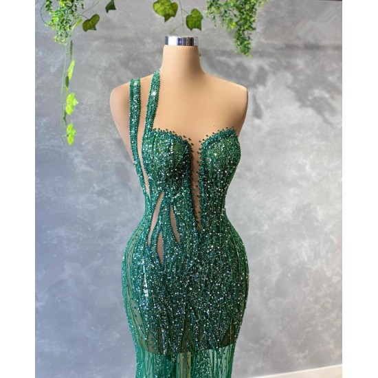 Bling Bling Green Mermaid Evening Dress Sequins One Shoulder Feather Prom Gowns Custom Made Sweep Train vestido de novia Bling Bling Green Mermaid Evening Dress Sequins One Shoulder Feather Prom Gowns Custom Made Sweep Train vestido de novia