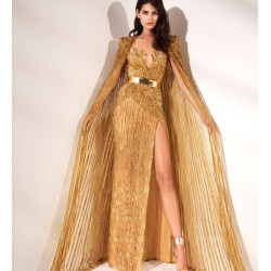 Luxury Gold Evening Dress with Wrap 2020 Beading Sequins Mermaid Prom Party Gowns High Split Custom Made Robe De Soirée