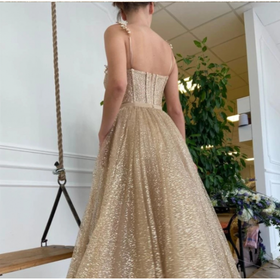 Glittery Gold Dotted Tulle Short Prom Dresses With Pockets Shiny Straps Boning A Line Tea Length Party Dress Glittery Gold Dotted Tulle Short Prom Dresses With Pockets Shiny Straps Boning A Line Tea Length Party Dress