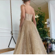 Glittery Gold Dotted Tulle Short Prom Dresses With Pockets Shiny Straps Boning A Line Tea Length Party Dress Glittery Gold Dotted Tulle Short Prom Dresses With Pockets Shiny Straps Boning A Line Tea Length Party Dress