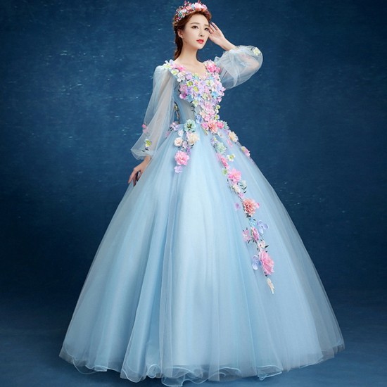 V-neck Quinceanera Dresses Long Sleeve Hand Flower Boho Wedding Party Dress Blue Gala Gowns Vestido De 15 Anos De Debutante V-neck Quinceanera Dresses Long Sleeve Hand Flower Boho Wedding Party Dress Blue Gala Gowns Vestido De 15 Anos De Debutante