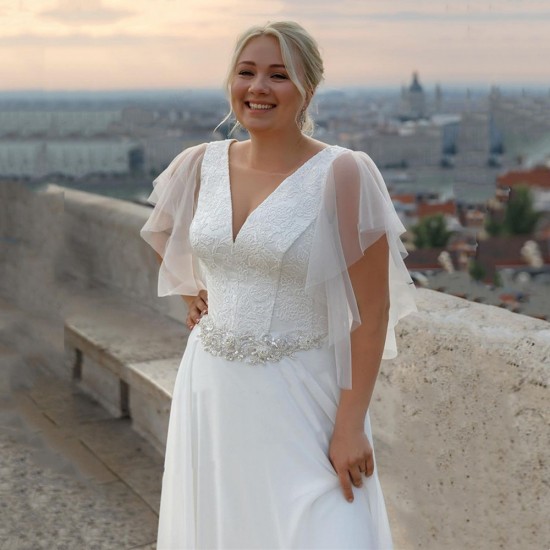 Plus Size Boho Chiffon Wedding Dress Short Sleeve V-Neck A-Line With Belt Large Size Custom Made Bridal Gown Robe De Mariee Plus Size Boho Chiffon Wedding Dress Short Sleeve V-Neck A-Line With Belt Large Size Custom Made Bridal Gown Robe De Mariee