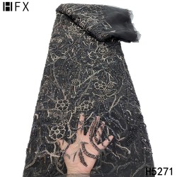 HFX Black High-End Latest Tulle Lace Fabric With Beads Luxury Evening Dress Sequins Embroidery French Lace Fabric 2021 F5271