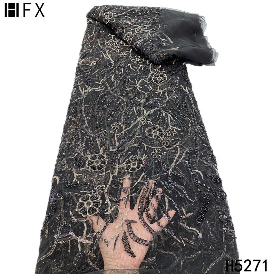 HFX Black High-End Latest Tulle Lace Fabric With Beads Luxury Evening Dress Sequins Embroidery French Lace Fabric 2021 F5271 HFX Black High-End Latest Tulle Lace Fabric With Beads Luxury Evening Dress Sequins Embroidery French Lace Fabric 2021 F5271