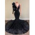 2021 Elegant Mermaid Evening Dresses Long Sleeve Black Sequin Applique Sexy Sheer Neck Gala Prom Party Gown Robe de mariée