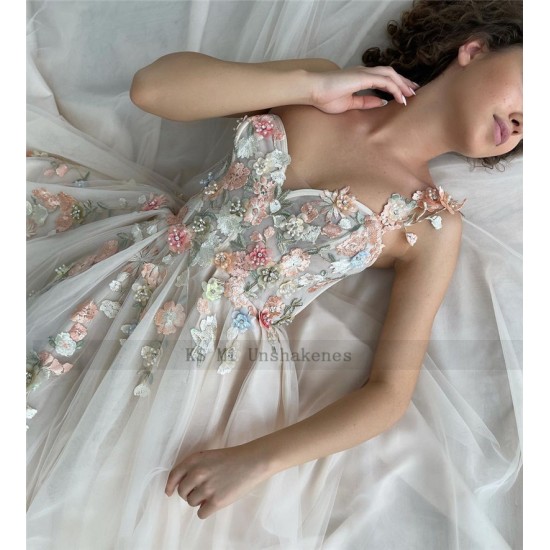 Champagne Fairy Boho Wedding Dress Colorful Lace Bride Dresses Vestidos de Noiva one Shoulder Princess Wedding Gowns Split Champagne Fairy Boho Wedding Dress Colorful Lace Bride Dresses Vestidos de Noiva one Shoulder Princess Wedding Gowns Split