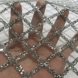 Fashion Plaid African Net Lace Guipure Silver Glitter French Sequin Fabric for Sewing Clothes Soft Voile Tulle Mesh