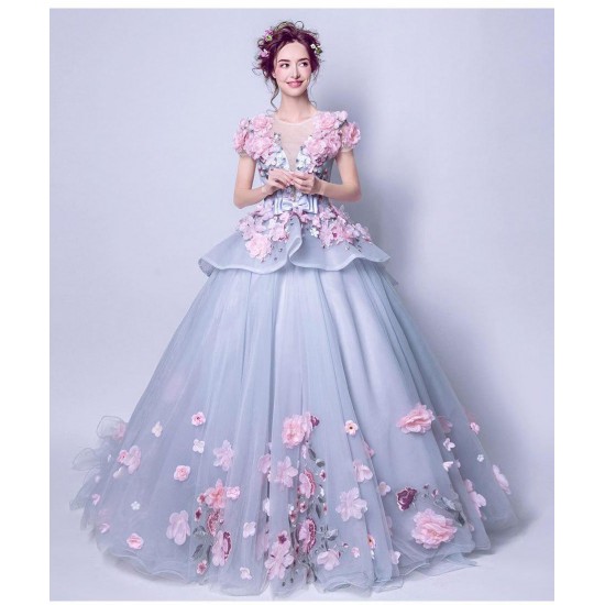 2021 New Dream Blue Gray Flower Quinceanera Dresses Long Tail Ball Gown Prom Dress Short Sleeve Applique 2021 New Dream Blue Gray Flower Quinceanera Dresses Long Tail Ball Gown Prom Dress Short Sleeve Applique