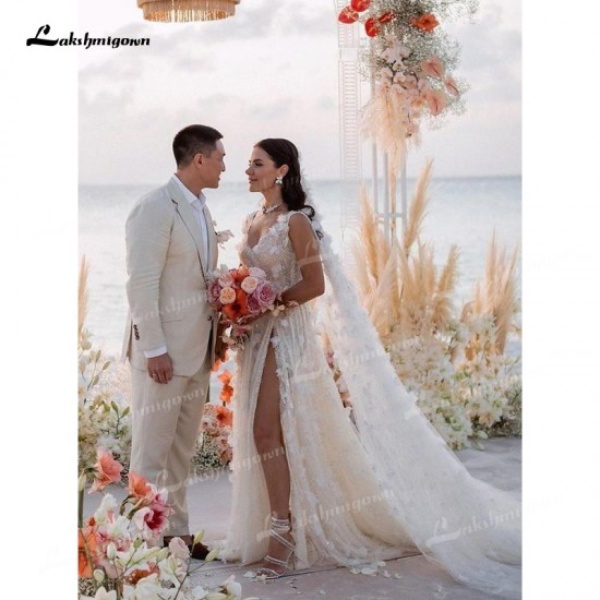 Beading Lace Beach Wedding Gown Tulle Flowers Train V-Neck Sleeveless Zipper Off The Shoulder Split Front/Side Feathers Beading Lace Beach Wedding Gown Tulle Flowers Train V-Neck Sleeveless Zipper Off The Shoulder Split Front/Side Feathers