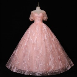 Party Dress Pink Quinceanera Dresses Classic Puff Sleeve Luxury Lace Ball Gown Elegant Pearl Beaded Prom Dress