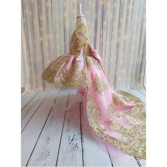 New High Quality Pink Gold Lace Beads Flower Girl Dress Cap Sleeve Infant Toddler First Birthay Dress Big Bow Headpiece New High Quality Pink Gold Lace Beads Flower Girl Dress Cap Sleeve Infant Toddler First Birthay Dress Big Bow Headpiece