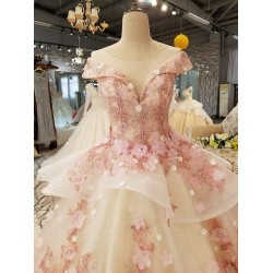 Light Pink Quinceanera Dress 2021 V-neck Cap Sleeves 3D Flower Lace Up Party Princess Sweet 16 Ball Gown Vestidos De 15 Años