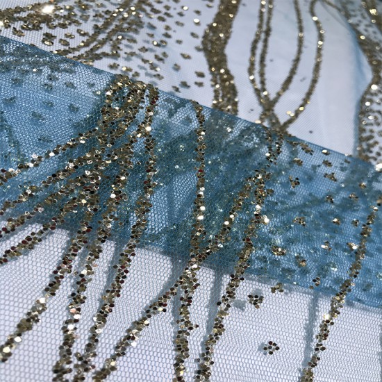 Fashion Ice Blue Gorgeous Shining Gold Glitter Sequence Mesh Sequin Lace Fabric for Evening Dress Swiss Voile Net Laces Fashion Ice Blue Gorgeous Shining Gold Glitter Sequence Mesh Sequin Lace Fabric for Evening Dress Swiss Voile Net Laces