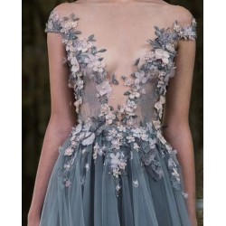 Paolo Sebastian Lace Prom Dresses Sheer Plunging Neckline Appliqued Party Gowns Cheap Sweep Train Tulle Beads Evening Gowns