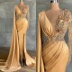 Gold Mermaid 2021 Prom Dress V Neck Lace Appliqued Long Sleeve Beaded Black Girl African Formal Evening Gowns Gold Mermaid 2021 Prom Dress V Neck Lace Appliqued Long Sleeve Beaded Black Girl African Formal Evening Gowns
