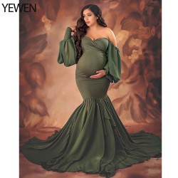 Elegant Woman Stretchy Fabric Evening Dress Long Puffy Sleeves  Maternity Gown for Baby Shower Photography Dresses YEWEN
