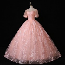 Party Dress Pink Quinceanera Dresses Classic Puff Sleeve Luxury Lace Ball Gown Elegant Pearl Beaded Prom Dress