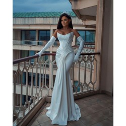 Elegant Satin Mermaid Wedding Dress with Pleat Strapless White Bridal Gowns Slim Fit Custom Made vestido de novia