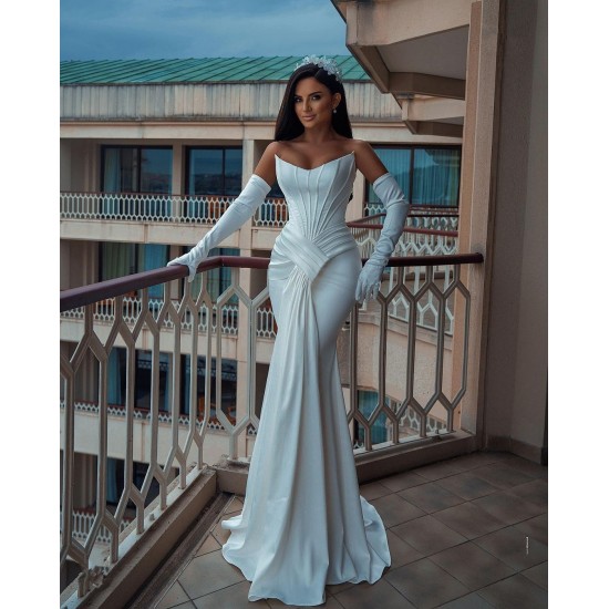 Elegant Satin Mermaid Wedding Dress with Pleat Strapless White Bridal Gowns Slim Fit Custom Made vestido de novia Elegant Satin Mermaid Wedding Dress with Pleat Strapless White Bridal Gowns Slim Fit Custom Made vestido de novia