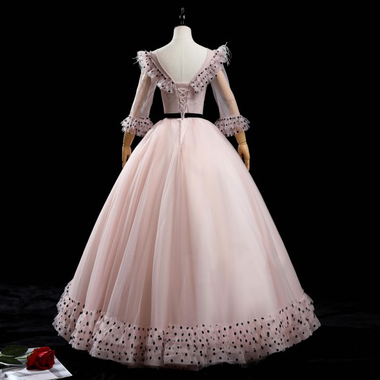 Long Sleeve Quinceanera Dress 2021 Luxury Pink Polka Dots And Feathers Party Dress Sweet Ball Gown Plus Customize Vestidos Long Sleeve Quinceanera Dress 2021 Luxury Pink Polka Dots And Feathers Party Dress Sweet Ball Gown Plus Customize Vestidos