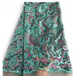 Aqua Pink Gorgeous irregular Floral French Lace Top Grade African Tulle Net Lace Fabric with Shiny Sequins 5 yards