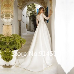 3/4 Sleeves Satin Wedding Dresses A Line Lace Appliques Bridal Wedding Gowns Pockets Vestido De Noiva Floor Length