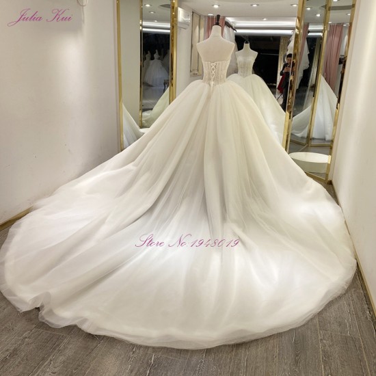 Julia Kui 100% Real Photo Strapless Ball Gown Wedding Dresses 2021 With Rhinestones And Pearls Tulle Skirt Julia Kui 100% Real Photo Strapless Ball Gown Wedding Dresses 2021 With Rhinestones And Pearls Tulle Skirt