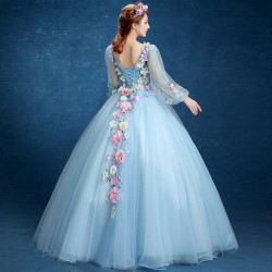V-neck Quinceanera Dresses Long Sleeve Hand Flower Boho Wedding Party Dress Blue Gala Gowns Vestido De 15 Anos De Debutante