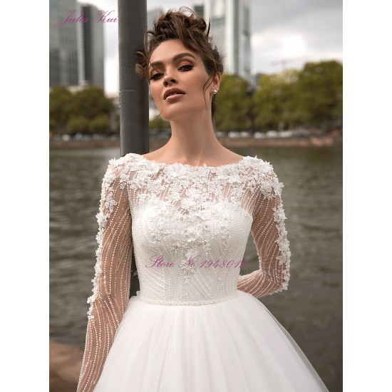 Julia Kui Vestidos de Novia Vintage Princess A Line Wedding Dress High Quality Beaded Pearls Crystals Long Sleeve Bride Dress Julia Kui Vestidos de Novia Vintage Princess A Line Wedding Dress High Quality Beaded Pearls Crystals Long Sleeve Bride Dress