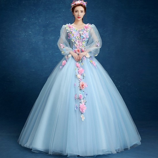 V-neck Quinceanera Dresses Long Sleeve Hand Flower Boho Wedding Party Dress Blue Gala Gowns Vestido De 15 Anos De Debutante V-neck Quinceanera Dresses Long Sleeve Hand Flower Boho Wedding Party Dress Blue Gala Gowns Vestido De 15 Anos De Debutante