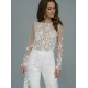 Romantic Wedding Jumpsuit with Long Train 3D Floral Appliques Lace Long Sleeves Outfit Reception Gowns Bridal Pant Suit Romantic Wedding Jumpsuit with Long Train 3D Floral Appliques Lace Long Sleeves Outfit Reception Gowns Bridal Pant Suit