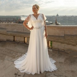 Plus Size Boho Chiffon Wedding Dress Short Sleeve V-Neck A-Line With Belt Large Size Custom Made Bridal Gown Robe De Mariee