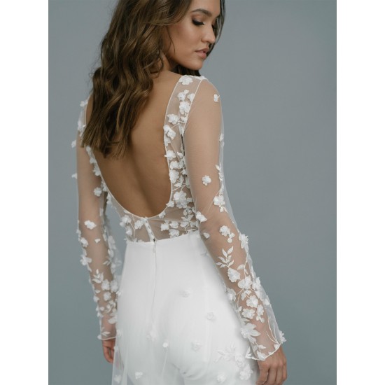 Romantic Wedding Jumpsuit with Long Train 3D Floral Appliques Lace Long Sleeves Outfit Reception Gowns Bridal Pant Suit Romantic Wedding Jumpsuit with Long Train 3D Floral Appliques Lace Long Sleeves Outfit Reception Gowns Bridal Pant Suit